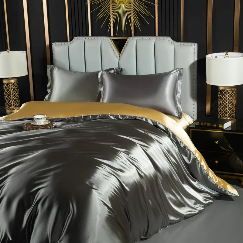 Solid Silk Bedding Set with Duvet Cover Fitted/Flat Bed Sheet Pillowcase Luxury Couple Bedsheet King Queen Double Twin Size