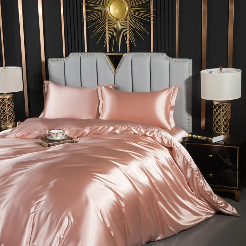 Solid Silk Bedding Set with Duvet Cover Fitted/Flat Bed Sheet Pillowcase Luxury Couple Bedsheet King Queen Double Twin Size
