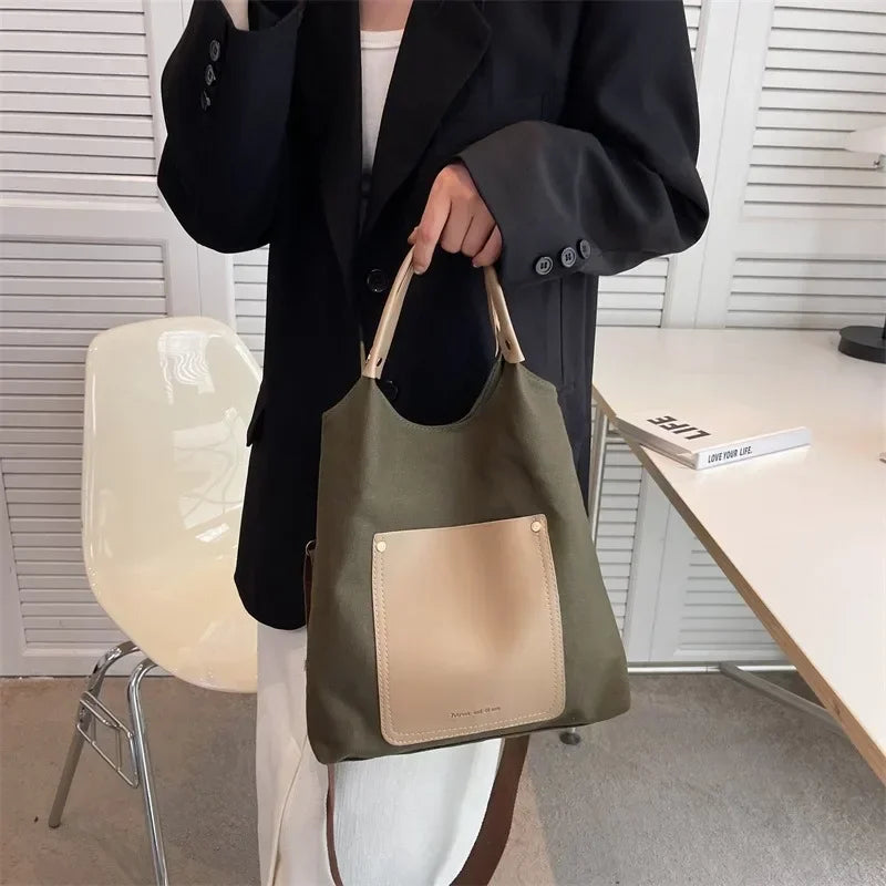 Women's Retro Contrasting Colors Large Capacity Canvas Bucket Bag PU Urban Simplicity One Shoulder Crossbody Hand Bags for Women