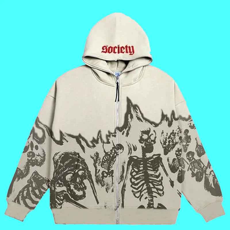 Y2K Emo Men Streetwear Vintage Skull Hoodie Zip Up Hoodies Grunge Oversized Sweatshirt Gothic Harajuku Alt Halloween Clothes