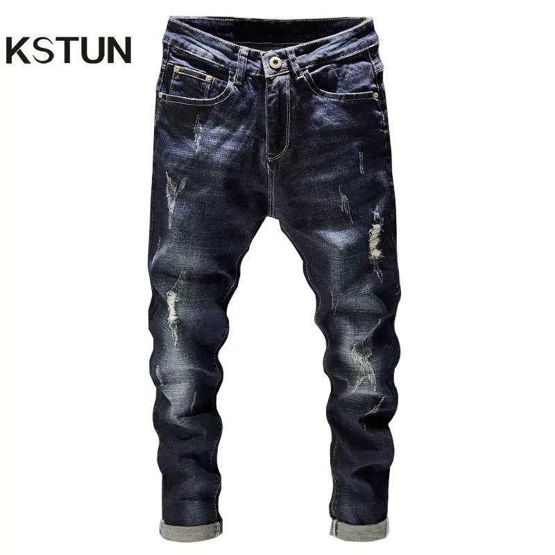 Distressed Jeans Men Dark Blue Stretch Slim Fit Hip Hop Destroyed Broken Holes Ripped Man Denim Pants Frayed Trousers Punk Style