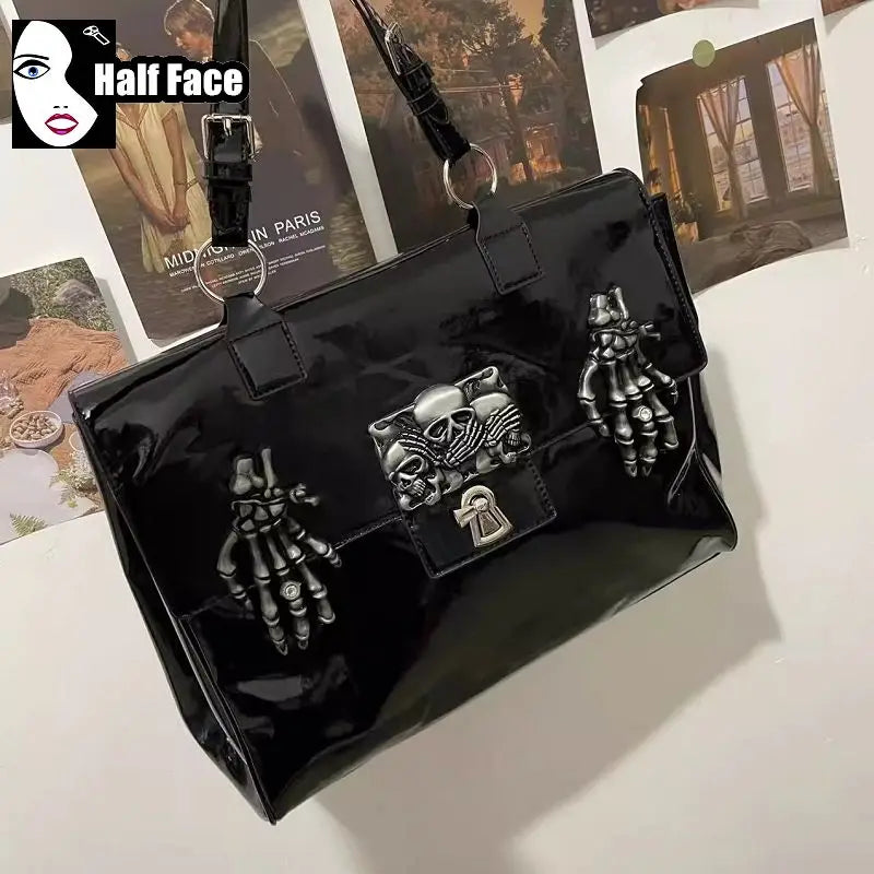 Y2K Girls Harajuku Women's Gothic Punk One Shoulder Design Lolita Large Capacity Lacquer Leather Hand Bone Crossbody Bags Tote