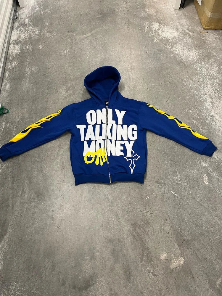 2023 Y2K Flame Hip Hop Hoodies Women Letters Print Hooded Zipper Sweatshirt Retro High Street Loose Autumn Harajuku Sweatwear