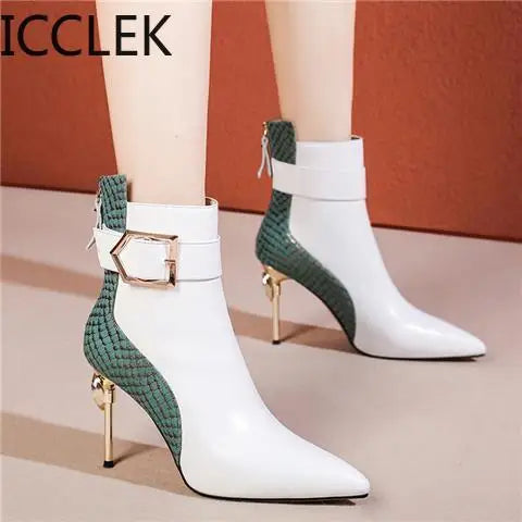 Winter Black Soft Leather Women's Boots Retro Belt Buckle Pointed Toe Boots Side Zipper High Heels Shoes for Women Party