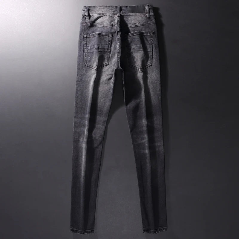 Streetwear Fashion Men Jeans Retro Black Gray Elastic Slim Fit Ripped Jeans Men Brand Patches Designer Hip Hop Denim Pants Homme