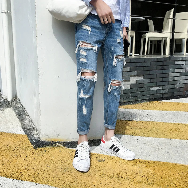 Top Quality 2022 Distressed Beggar Jeans Male Giant Ripped Hole Handsome Male Feet Hip Hop Streetweat Cowboy Harem Pants Men
