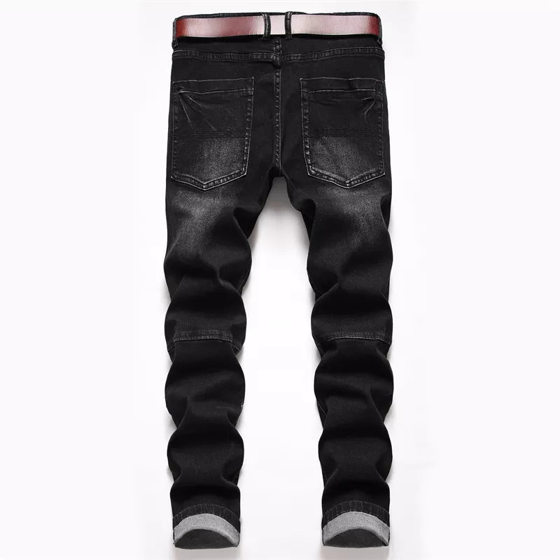 2023 Dropshipping Mens Biker Jeans Pants Light Ripped Moto Denim Man Pleated Scratched Motorcycle Slim Jean Trousers