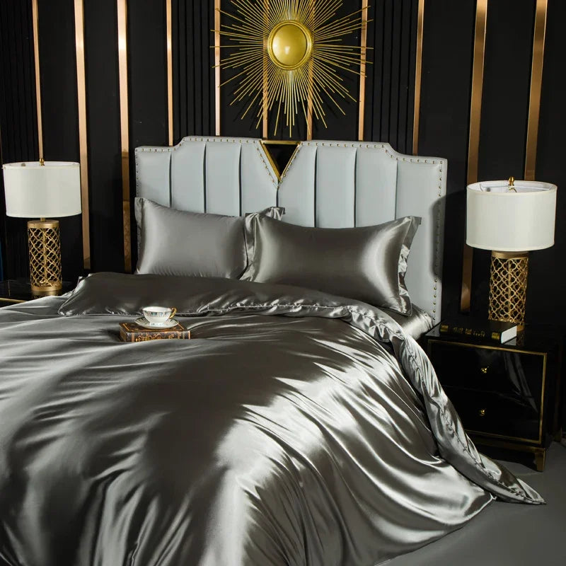 Solid Silk Bedding Set with Duvet Cover Fitted/Flat Bed Sheet Pillowcase Luxury Couple Bedsheet King Queen Double Twin Size