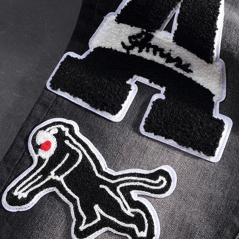 Streetwear Fashion Men Jeans Retro Black Gray Elastic Slim Fit Ripped Jeans Men Brand Patches Designer Hip Hop Denim Pants Homme