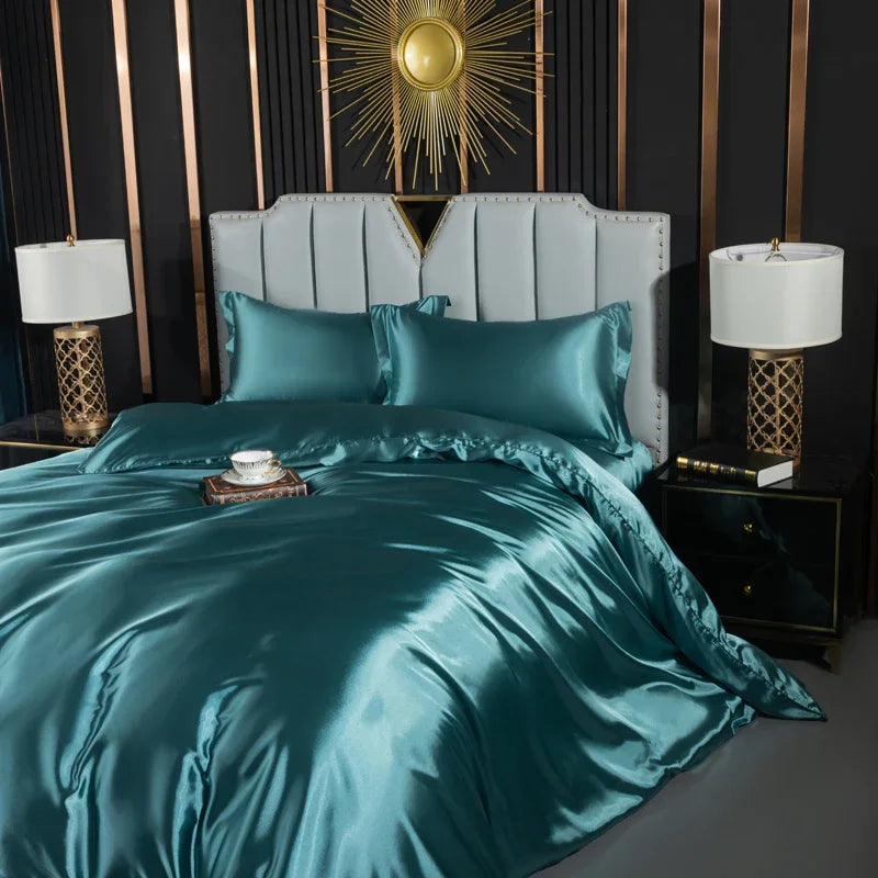 Solid Silk Bedding Set with Duvet Cover Fitted/Flat Bed Sheet Pillowcase Luxury Couple Bedsheet King Queen Double Twin Size