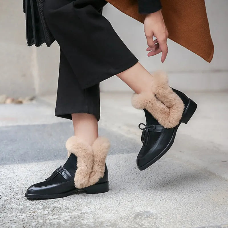 2020 winter women's ankle boots round toe low heel short plush warm women boots bowknot genuine leather women's shoes