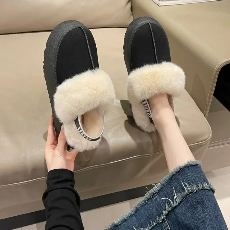 2023 New Leather Women Fashion Winter Indoor Solid Color Suede Fur Slippers Ladies Home Platform Warm Slip-on Women’s Shoes