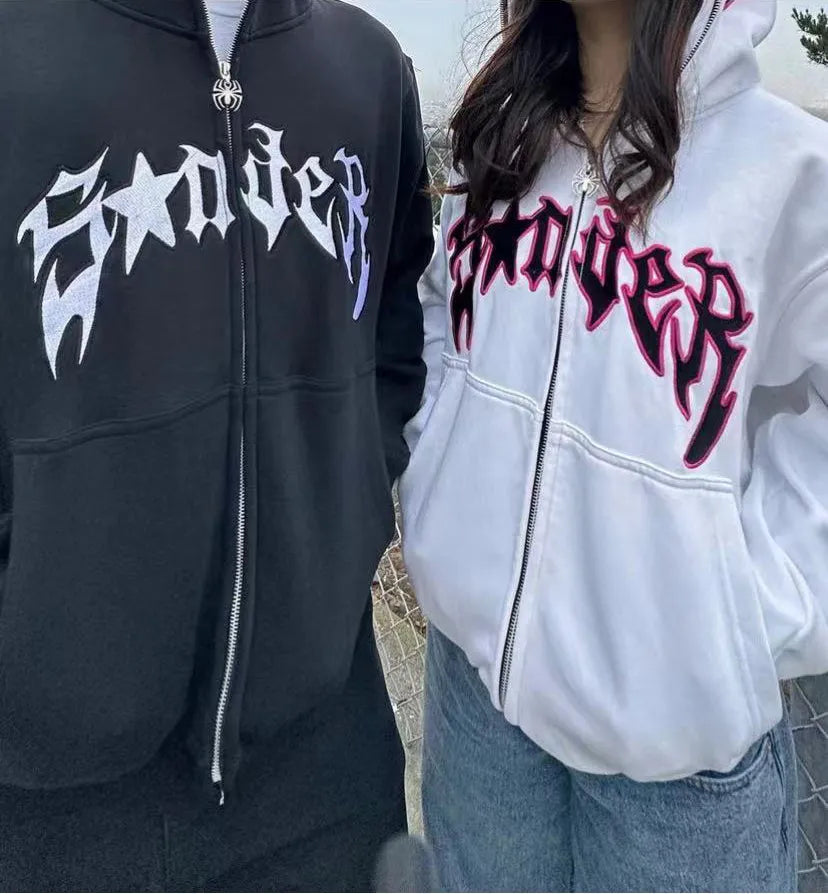 Sweatshirt Streetwear Y2k Clothes Dark Spider Print Hoodie Vintage Loose Hip Hop Tops Punk Men Women Couple Full Zip Up Hoodies