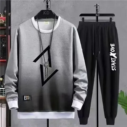 Spring Autumn Men's Sets Hip Hop Long sleeve Print T Shirts+Solid color jogger Casual Pants Fashion 2 for Sets Men Clothing Sets