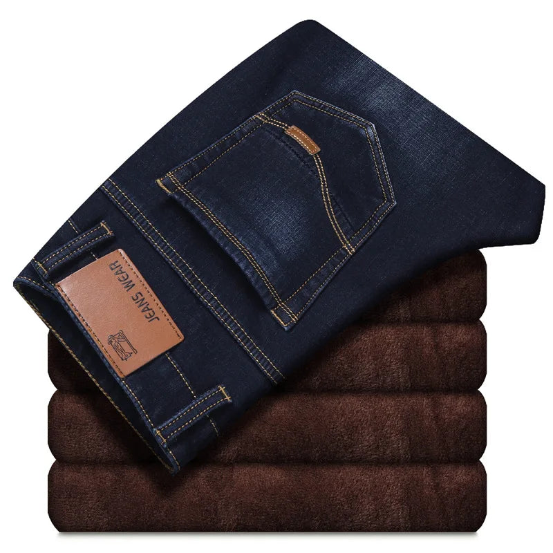 2022 Winter New Men's Warm Jeans Business Casual Elasticity Thick Slim Denim Pants Brand Trousers Black Plus Size 38 40