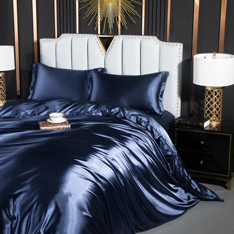 Solid Silk Bedding Set with Duvet Cover Fitted/Flat Bed Sheet Pillowcase Luxury Couple Bedsheet King Queen Double Twin Size
