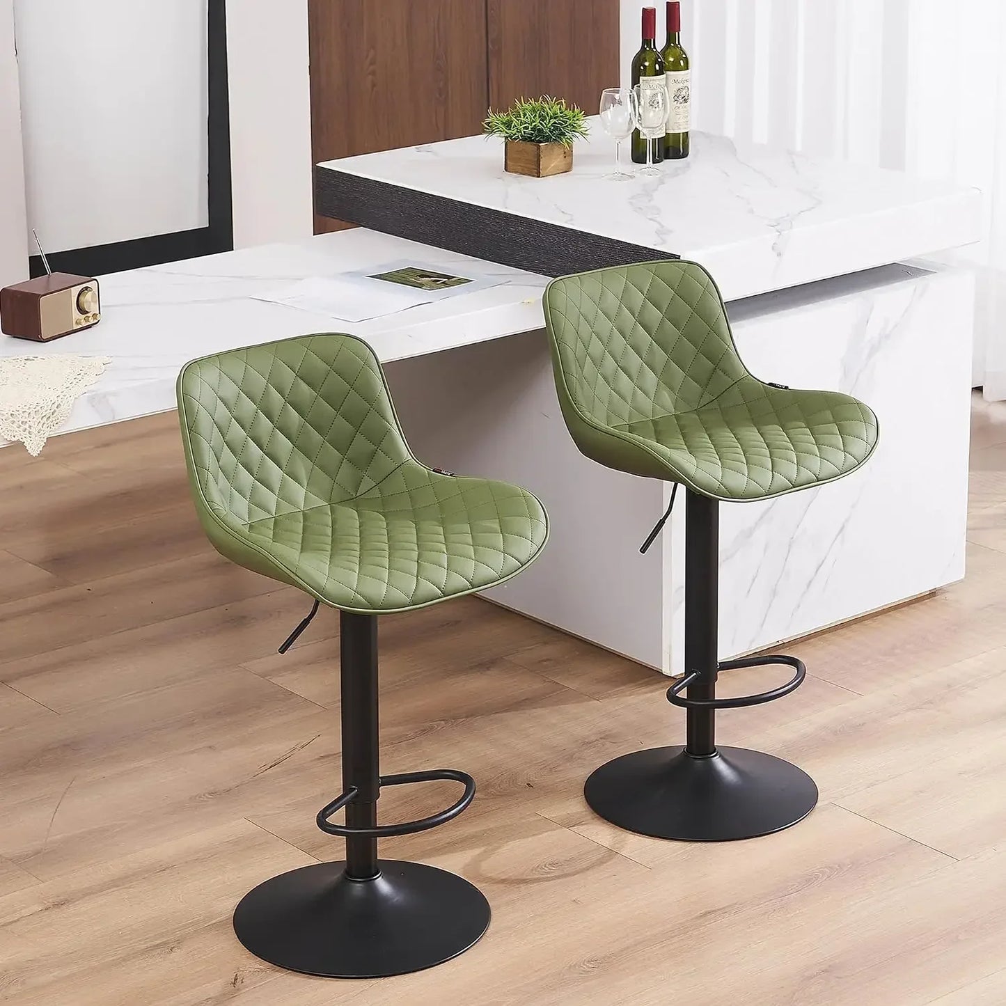 Black Bar Stools Counter Height Adjustable Bar Stool Set of 2 Faux Leather Padded Barstools Swivel Metal High Back Diamond Bar