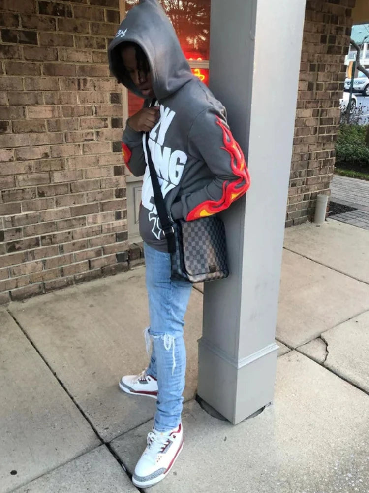 2023 Y2K Flame Hip Hop Hoodies Women Letters Print Hooded Zipper Sweatshirt Retro High Street Loose Autumn Harajuku Sweatwear