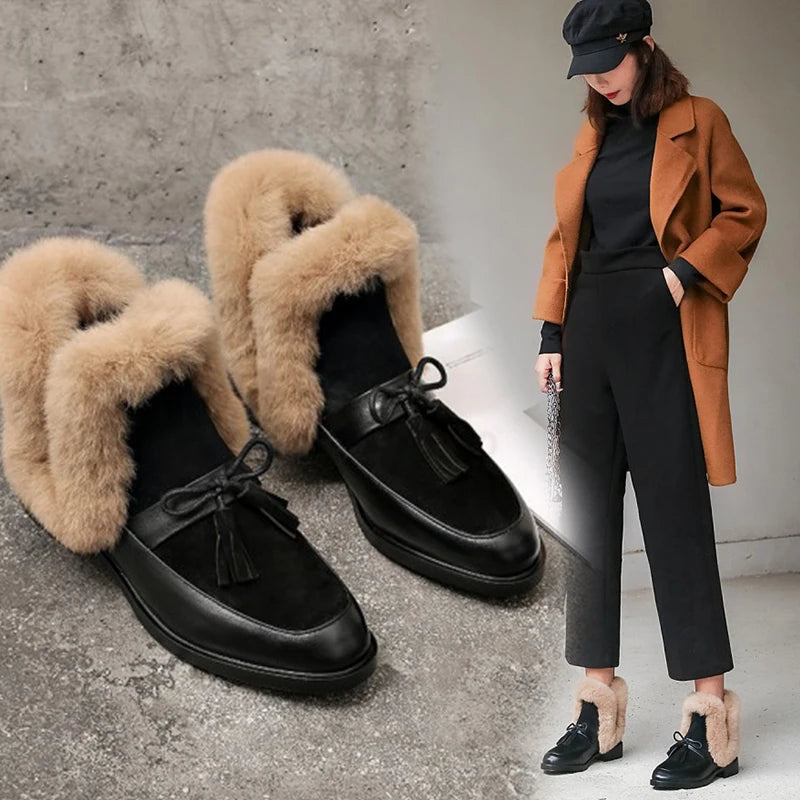 2020 winter women's ankle boots round toe low heel short plush warm women boots bowknot genuine leather women's shoes