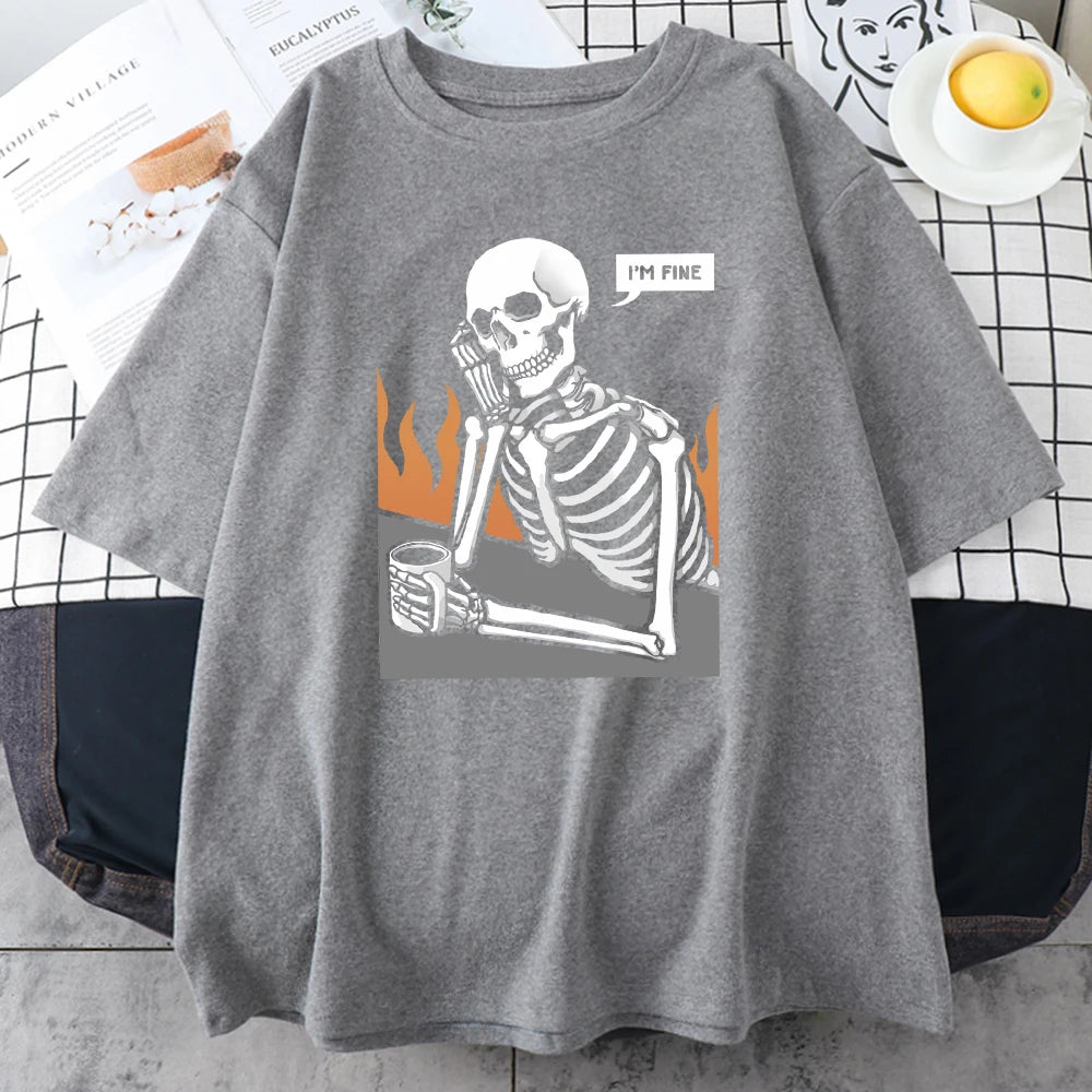 Skeletons In Meditation And Keep Alone Prints Mans Cotton Short Sleeve Personality Street Hip Hop Clothing Casual Men T-Shirts
