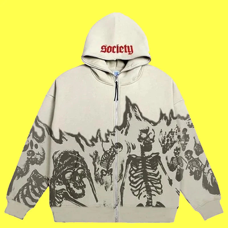 Y2K Emo Men Streetwear Vintage Skull Hoodie Zip Up Hoodies Grunge Oversized Sweatshirt Gothic Harajuku Alt Halloween Clothes