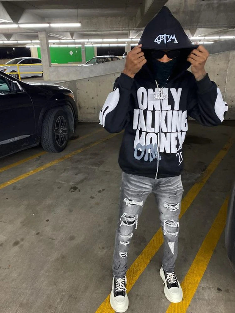 2023 Y2K Flame Hip Hop Hoodies Women Letters Print Hooded Zipper Sweatshirt Retro High Street Loose Autumn Harajuku Sweatwear