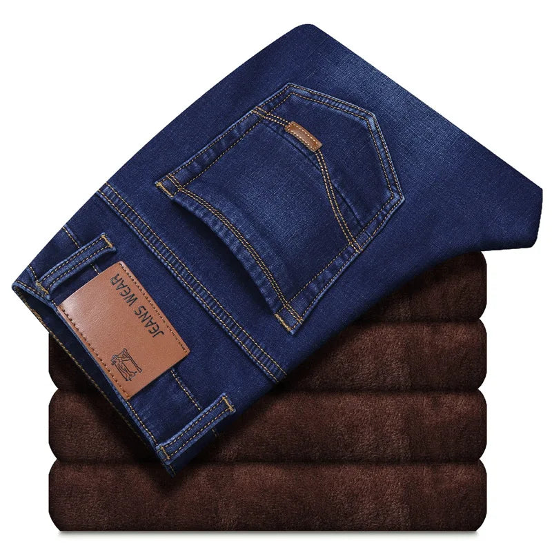2022 Winter New Men's Warm Jeans Business Casual Elasticity Thick Slim Denim Pants Brand Trousers Black Plus Size 38 40