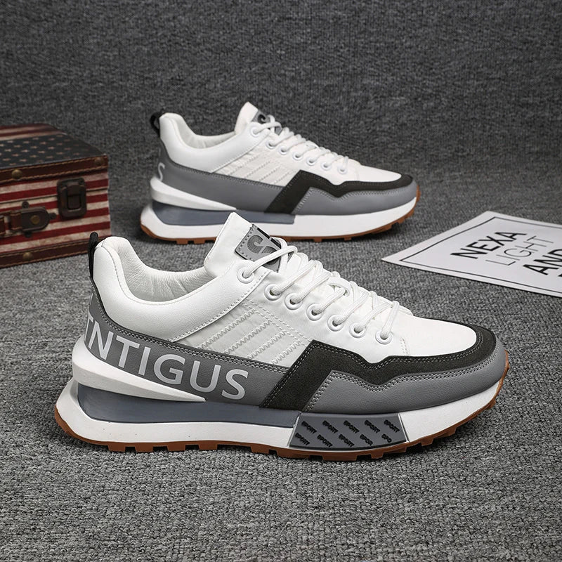 Chunky Sneakers Men Women Retro Running Shoes Fashion Casual Genuine Leather Fabric Breathable Height Increased Platform Shoes
