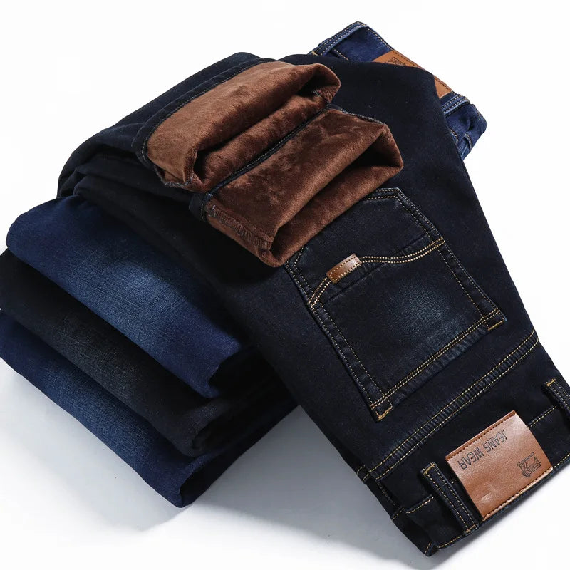 2022 Winter New Men's Warm Jeans Business Casual Elasticity Thick Slim Denim Pants Brand Trousers Black Plus Size 38 40