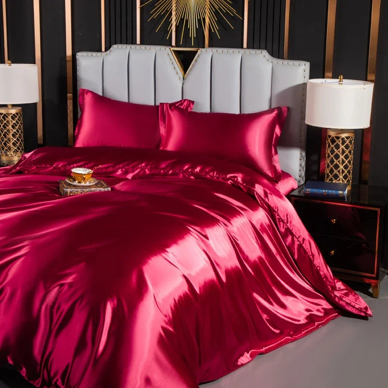 Solid Silk Bedding Set with Duvet Cover Fitted/Flat Bed Sheet Pillowcase Luxury Couple Bedsheet King Queen Double Twin Size