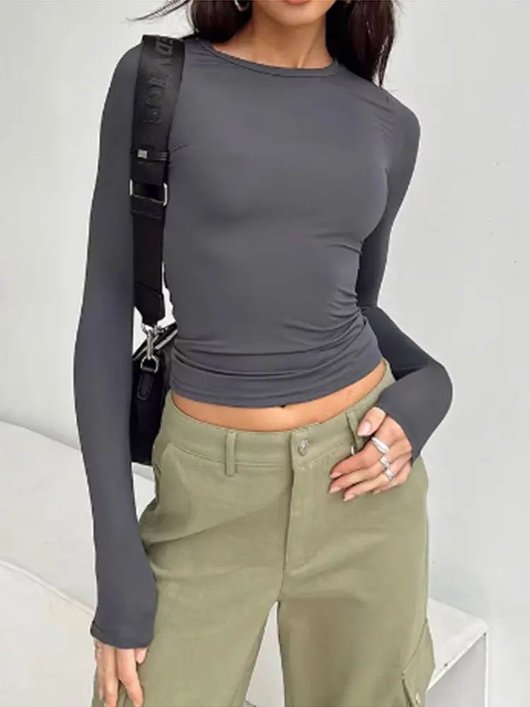 Women's Solid Color Long Sleeve Shirt Fashion 2024 Crop Top Base Layered Exercise Temperament Y2K Top Base Tops