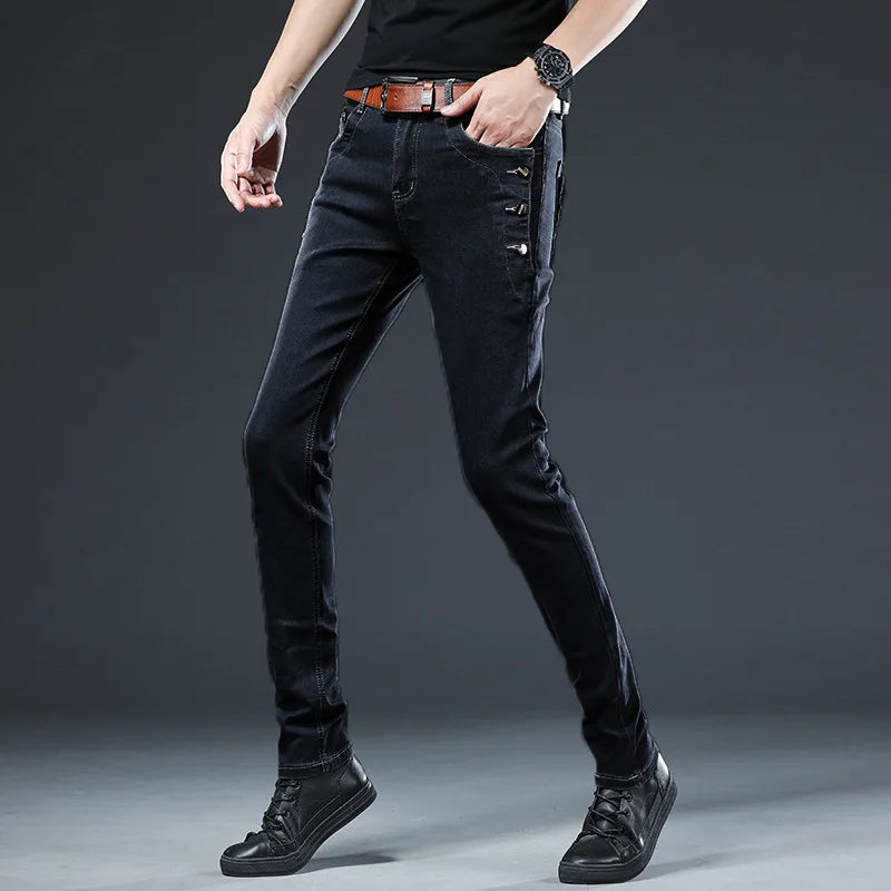 2022 Cotton Men Jeans Pants Lace Up Denim Trousers Black Pants Skinny Slim Hip Hop Sportswear Elastic Waist Male Trousers
