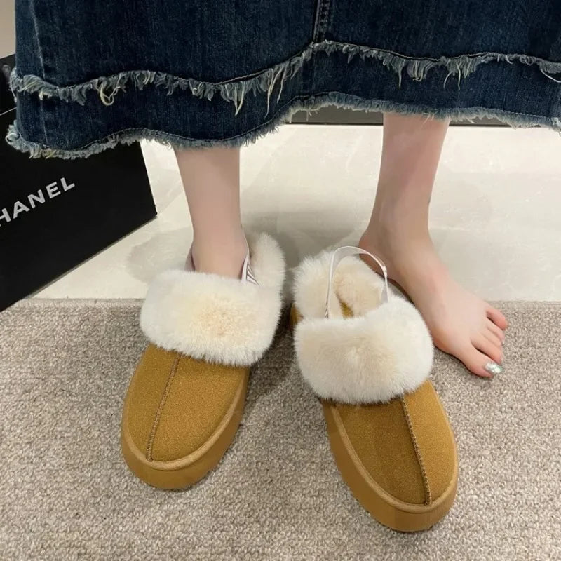 2023 New Leather Women Fashion Winter Indoor Solid Color Suede Fur Slippers Ladies Home Platform Warm Slip-on Women’s Shoes