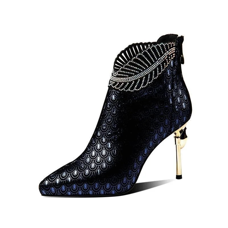 Comemore Peacock Pattern Embossed Leather Boot Woman Ankle Boots Low Heel Party Women's Winter Shoes 2023 Female Footware Autumn