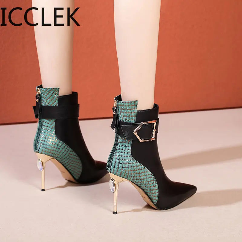 Winter Black Soft Leather Women's Boots Retro Belt Buckle Pointed Toe Boots Side Zipper High Heels Shoes for Women Party