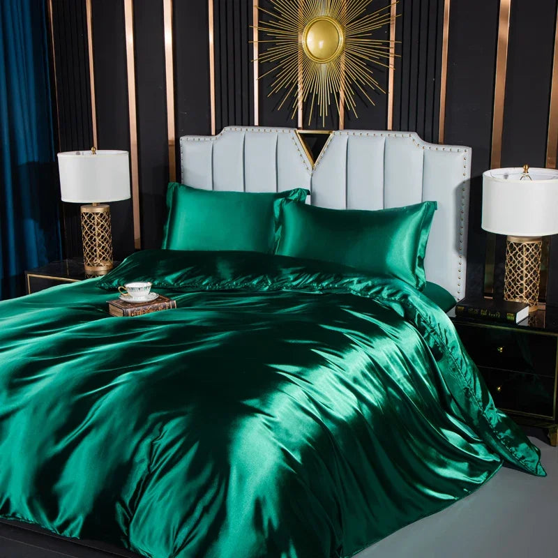 Solid Silk Bedding Set with Duvet Cover Fitted/Flat Bed Sheet Pillowcase Luxury Couple Bedsheet King Queen Double Twin Size