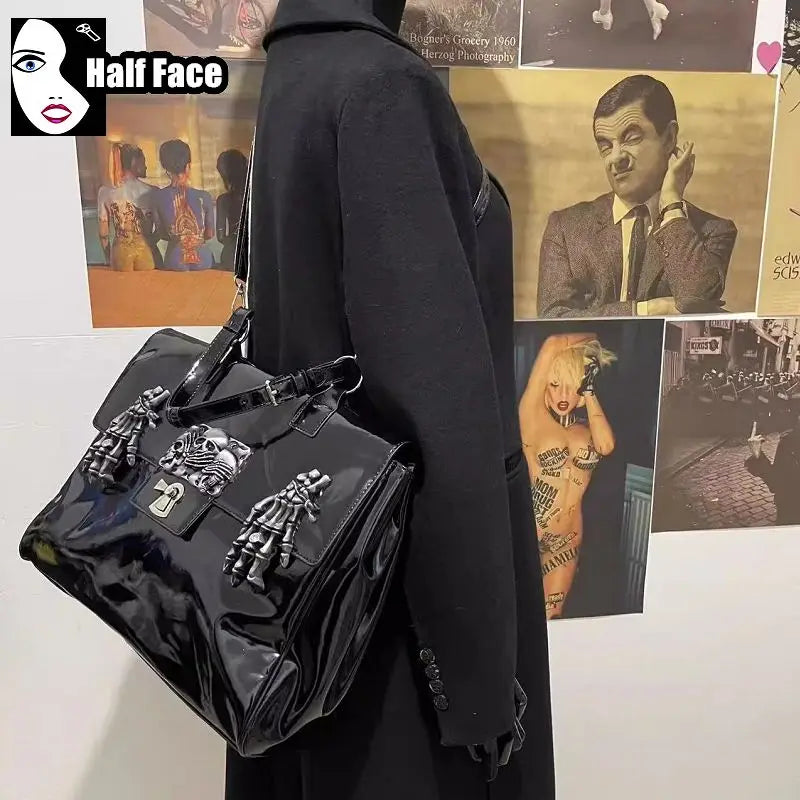 Y2K Girls Harajuku Women's Gothic Punk One Shoulder Design Lolita Large Capacity Lacquer Leather Hand Bone Crossbody Bags Tote
