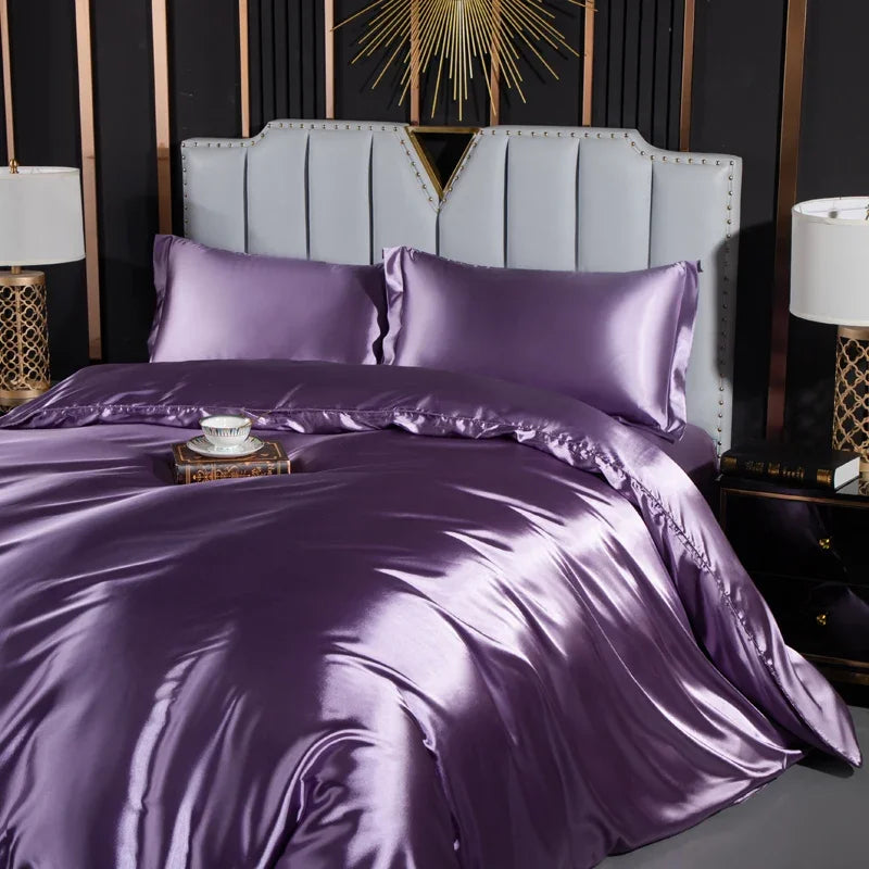 Solid Silk Bedding Set with Duvet Cover Fitted/Flat Bed Sheet Pillowcase Luxury Couple Bedsheet King Queen Double Twin Size