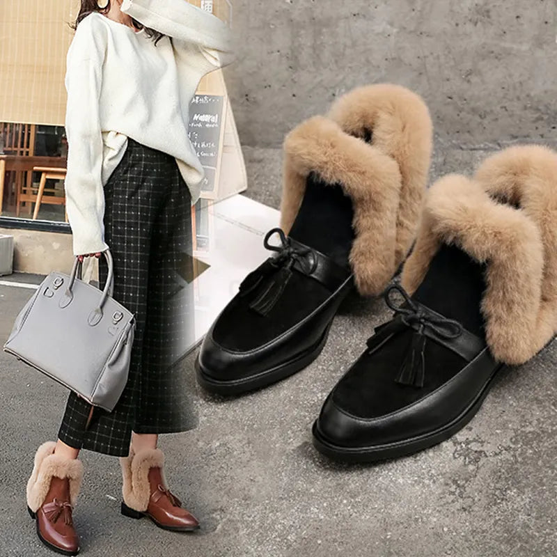 2020 winter women's ankle boots round toe low heel short plush warm women boots bowknot genuine leather women's shoes