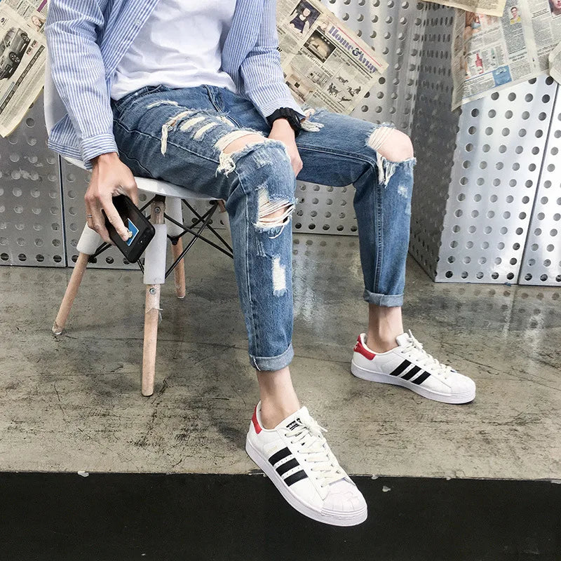 Top Quality 2022 Distressed Beggar Jeans Male Giant Ripped Hole Handsome Male Feet Hip Hop Streetweat Cowboy Harem Pants Men