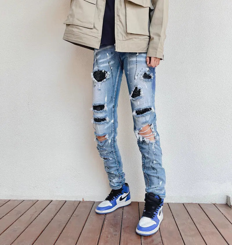 Sokotoo Men's rhinestone crystal patchwork light blue ripped jeans Slim fit skinny stretch denim pants