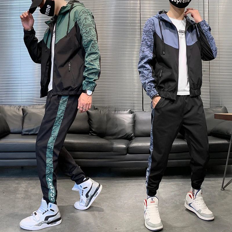 2023 Hip Hop Workwear jacket Mens Tracksuit Jacket+Pants 2PC Sets baseball loose Zipper Ribbons Coat & Long Pants Mens Clothes