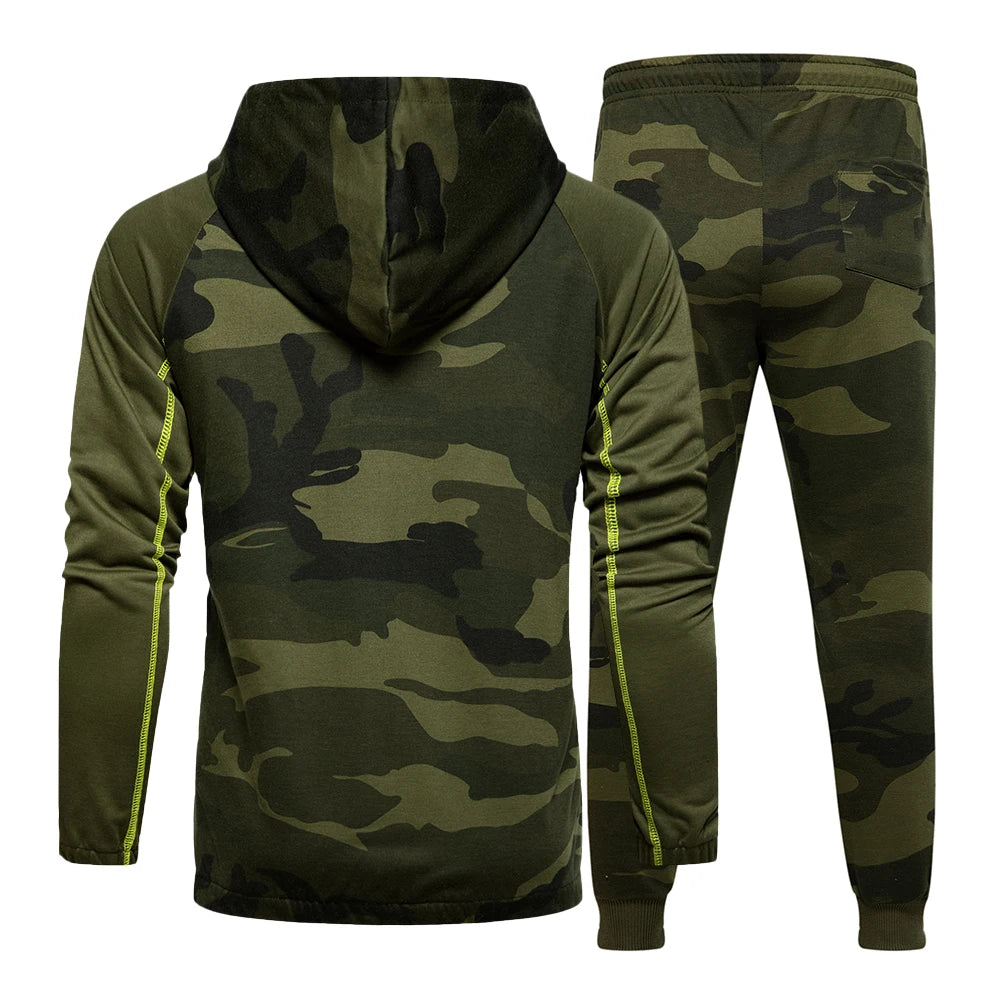 Camo Men Tracksuit Hooded Outerwear Hoodie Set 2 Pieces Autumn Sporting Male Fitness Camouflage Sweatshirts Jacket + Pants Sets