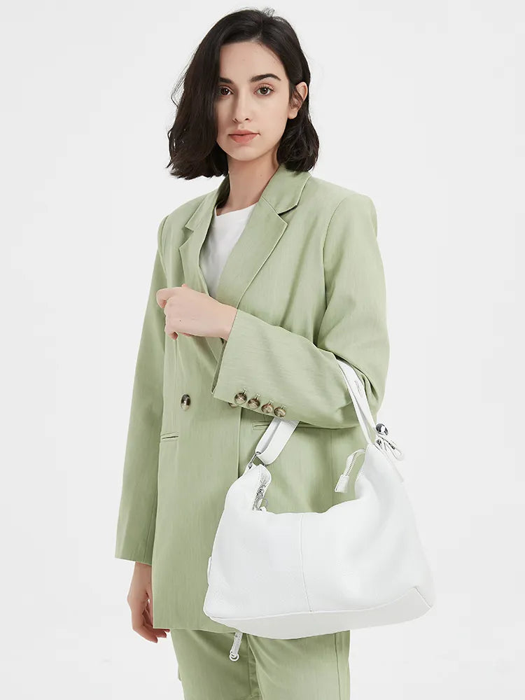 Zency 100% Genuine Leather Large Women Shoulder Bag Tote Adjustable Wide Strap White Handbag Purse Messenger Designer Bag 2023