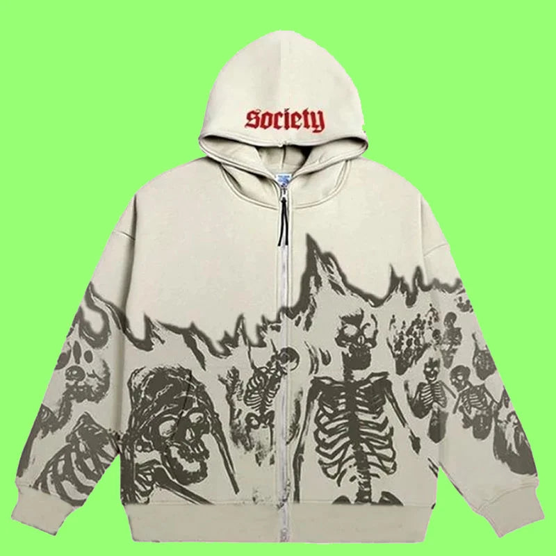 Y2K Emo Men Streetwear Vintage Skull Hoodie Zip Up Hoodies Grunge Oversized Sweatshirt Gothic Harajuku Alt Halloween Clothes