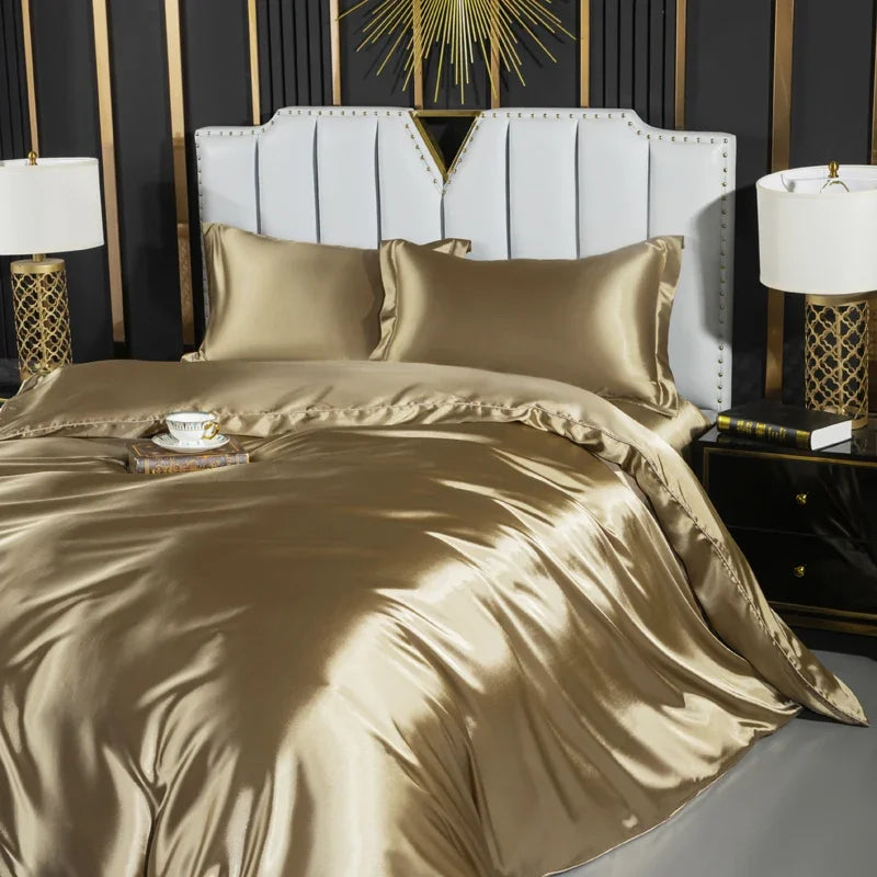 Solid Silk Bedding Set with Duvet Cover Fitted/Flat Bed Sheet Pillowcase Luxury Couple Bedsheet King Queen Double Twin Size