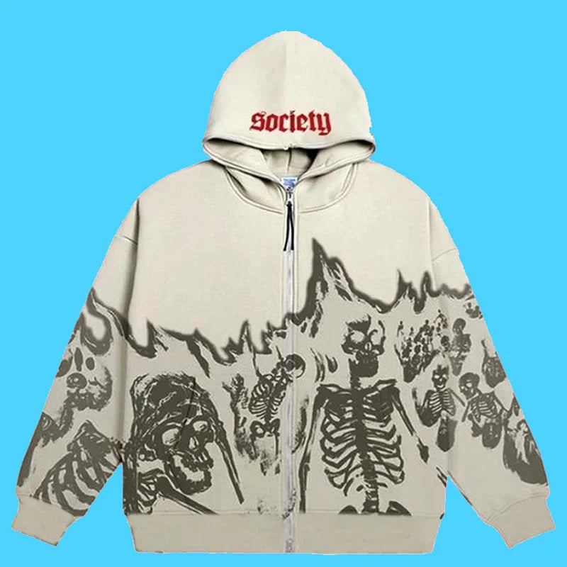 Y2K Emo Men Streetwear Vintage Skull Hoodie Zip Up Hoodies Grunge Oversized Sweatshirt Gothic Harajuku Alt Halloween Clothes