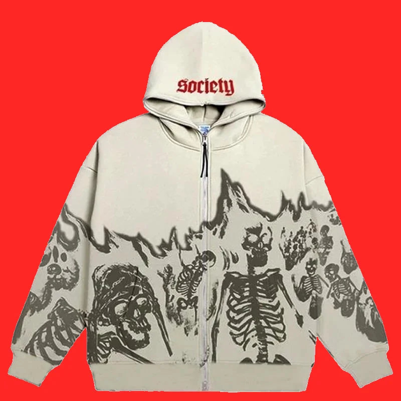 Y2K Emo Men Streetwear Vintage Skull Hoodie Zip Up Hoodies Grunge Oversized Sweatshirt Gothic Harajuku Alt Halloween Clothes