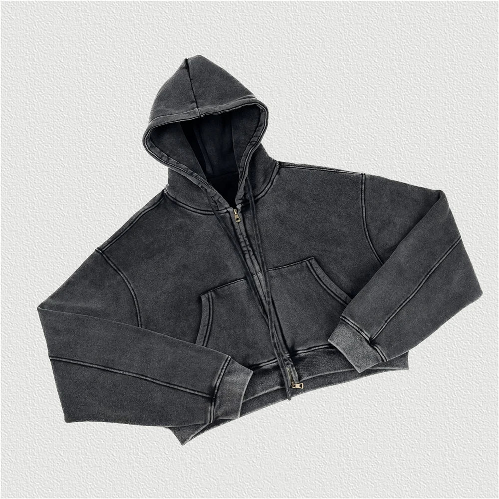 Retro Winter Women Oversize Super-Short Zipper Hoodies Female Thick Fleece Hooded Coat 355gsm