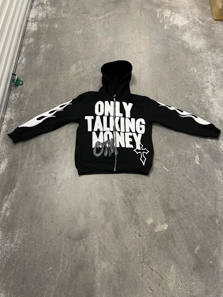2023 Y2K Flame Hip Hop Hoodies Women Letters Print Hooded Zipper Sweatshirt Retro High Street Loose Autumn Harajuku Sweatwear